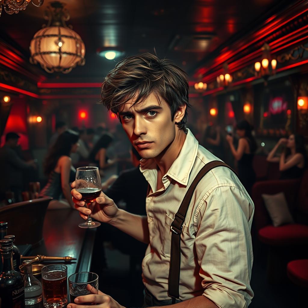 An overwhelmed bartender working in a dimly lit brothel