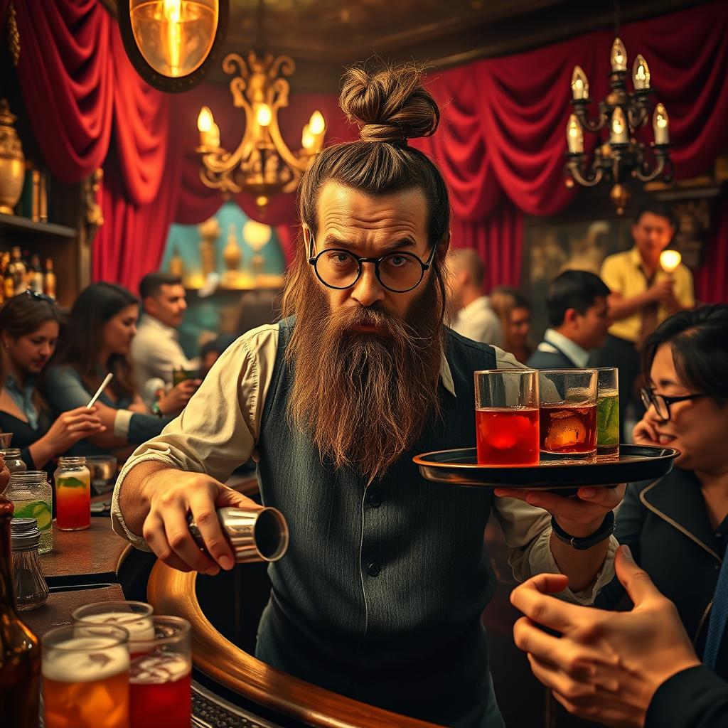 An overwhelmed, very busy bartender working in a brothel