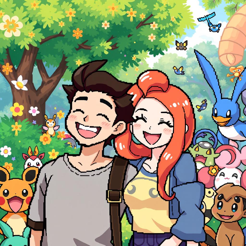 A delightful pixel art scene set in a Pokémon park, showcasing a man character with dark brown hair, a mustache, and a beard