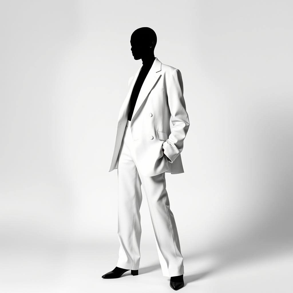 A captivating minimalist monochrome silhouette featuring a faceless model exuding elegance and confidence