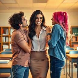 A provocative scene depicting two college students passionately engaged in a playful moment with their attractive teacher in a classroom setting, under warm, golden lighting