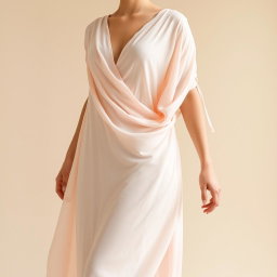 An ethereal depiction of soft pastel draped elegance featuring a fluid, pastel-toned dress gracefully flowing over a faceless model's body