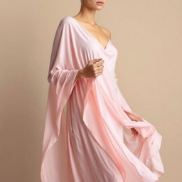 An ethereal depiction of soft pastel draped elegance featuring a fluid, pastel-toned dress gracefully flowing over a faceless model's body