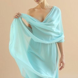 An ethereal depiction of soft pastel draped elegance featuring a fluid, pastel-toned dress gracefully flowing over a faceless model's body