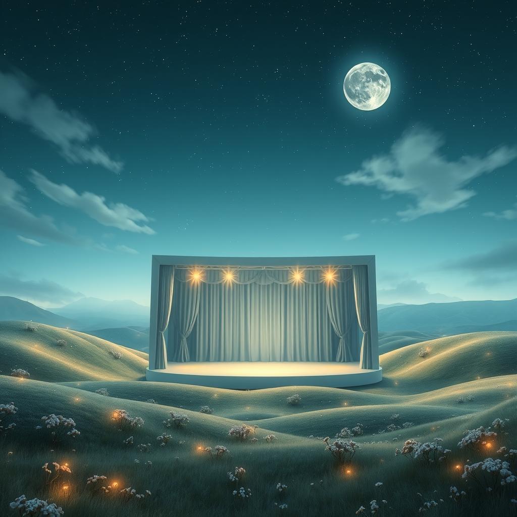 An empty stage set in a vast, surreal landscape under a starry night sky