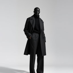 An artistic portrayal of an androgynous monochrome layers theme featuring a faceless figure draped in a structured long coat worn over a high-neck sweater and wide-leg trousers, all meticulously styled in shades of black, gray, and white