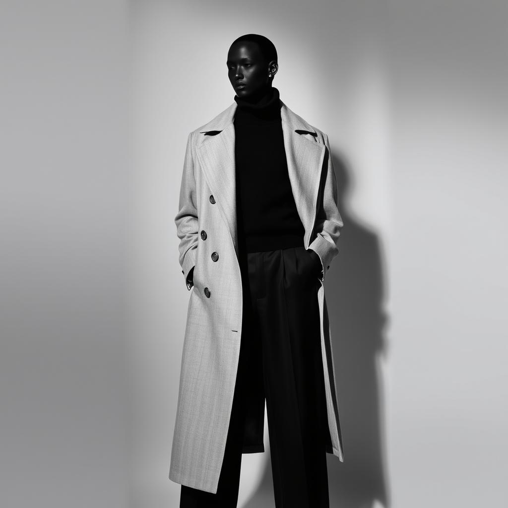 An artistic portrayal of an androgynous monochrome layers theme featuring a faceless figure draped in a structured long coat worn over a high-neck sweater and wide-leg trousers, all meticulously styled in shades of black, gray, and white
