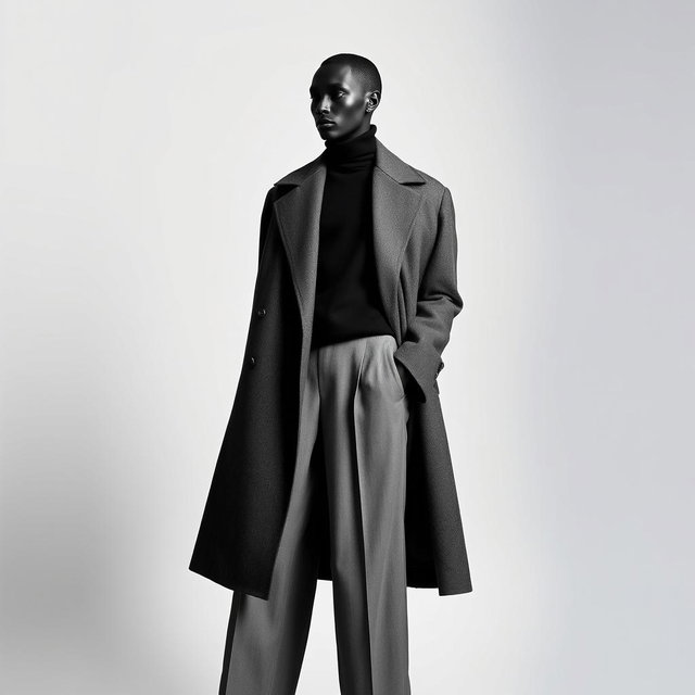 An artistic portrayal of an androgynous monochrome layers theme featuring a faceless figure draped in a structured long coat worn over a high-neck sweater and wide-leg trousers, all meticulously styled in shades of black, gray, and white