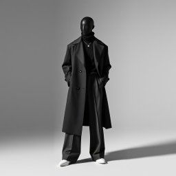 An artistic portrayal of an androgynous monochrome layers theme featuring a faceless figure draped in a structured long coat worn over a high-neck sweater and wide-leg trousers, all meticulously styled in shades of black, gray, and white