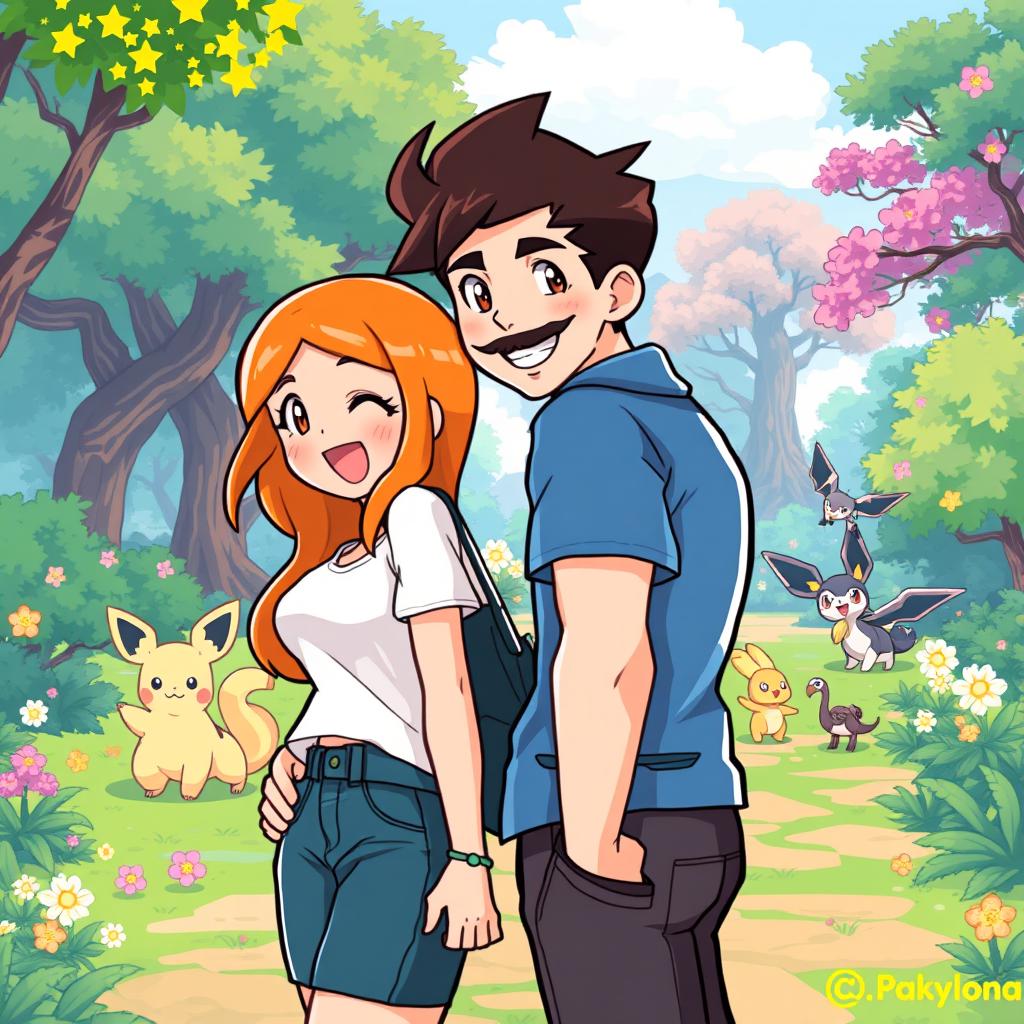 A playful 8-bit art style image set in a vibrant Pokémon park, featuring a man character with dark brown hair, a mustache, and a full beard