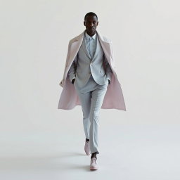 A visually striking portrayal of pastel minimalism in motion, featuring a faceless model dressed in a fitted pastel suit accentuated by an oversized coat draped effortlessly over their shoulders