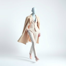 A visually striking portrayal of pastel minimalism in motion, featuring a faceless model dressed in a fitted pastel suit accentuated by an oversized coat draped effortlessly over their shoulders