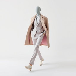 A visually striking portrayal of pastel minimalism in motion, featuring a faceless model dressed in a fitted pastel suit accentuated by an oversized coat draped effortlessly over their shoulders