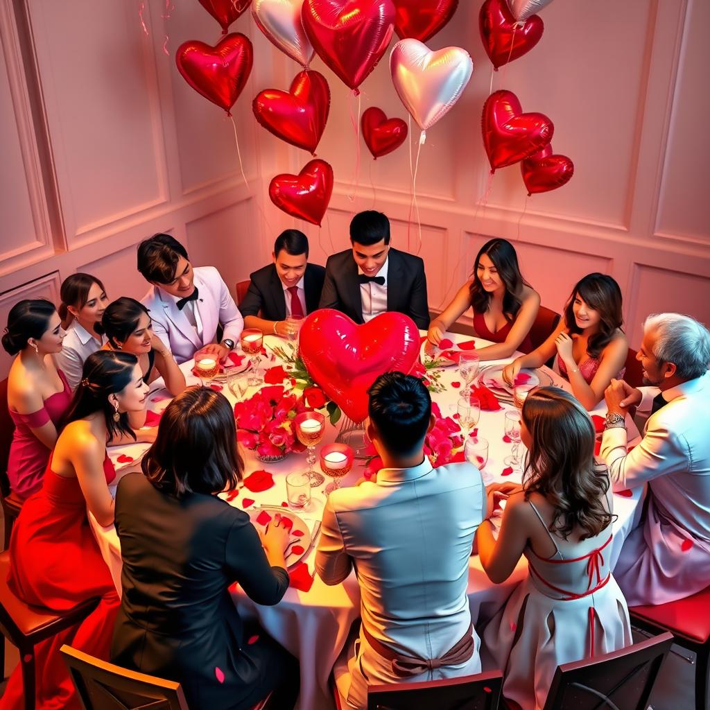 A romantic Valentine's Day themed scene featuring a large round table adorned with beautiful red and pink decorations such as heart-shaped centerpieces, candles, and rose petals