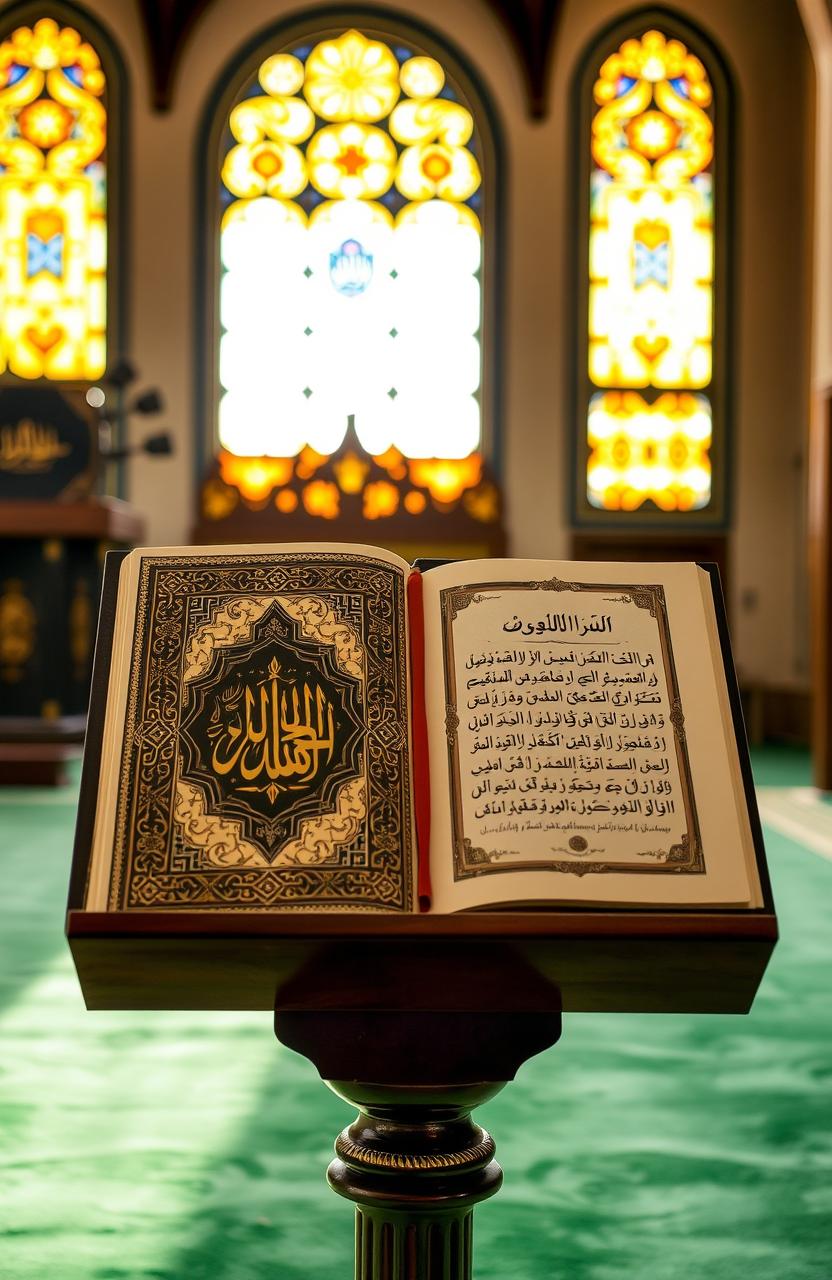 A beautifully arranged collection of Ramadan sermons, featuring a decorative book with intricate Islamic calligraphy and ornate geometric patterns on the cover