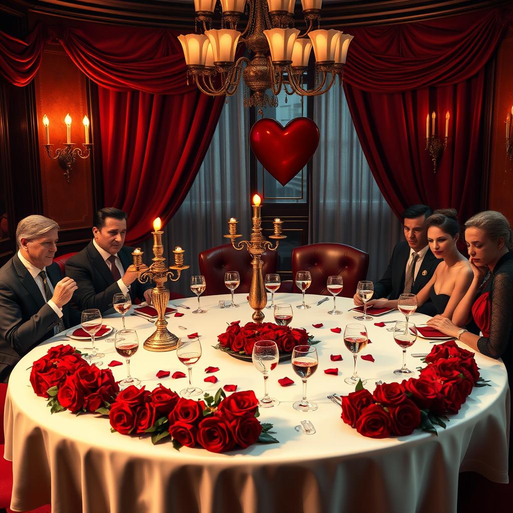 A luxurious Valentine's Day themed scene set in a high-end 1950s-1960s mafia club