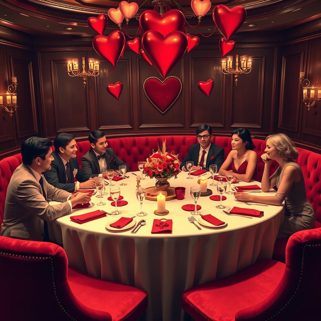 A lavish Valentine's Day scene inspired by the game 'Mafia', set in a premium 1950s-1960s mafia club atmosphere