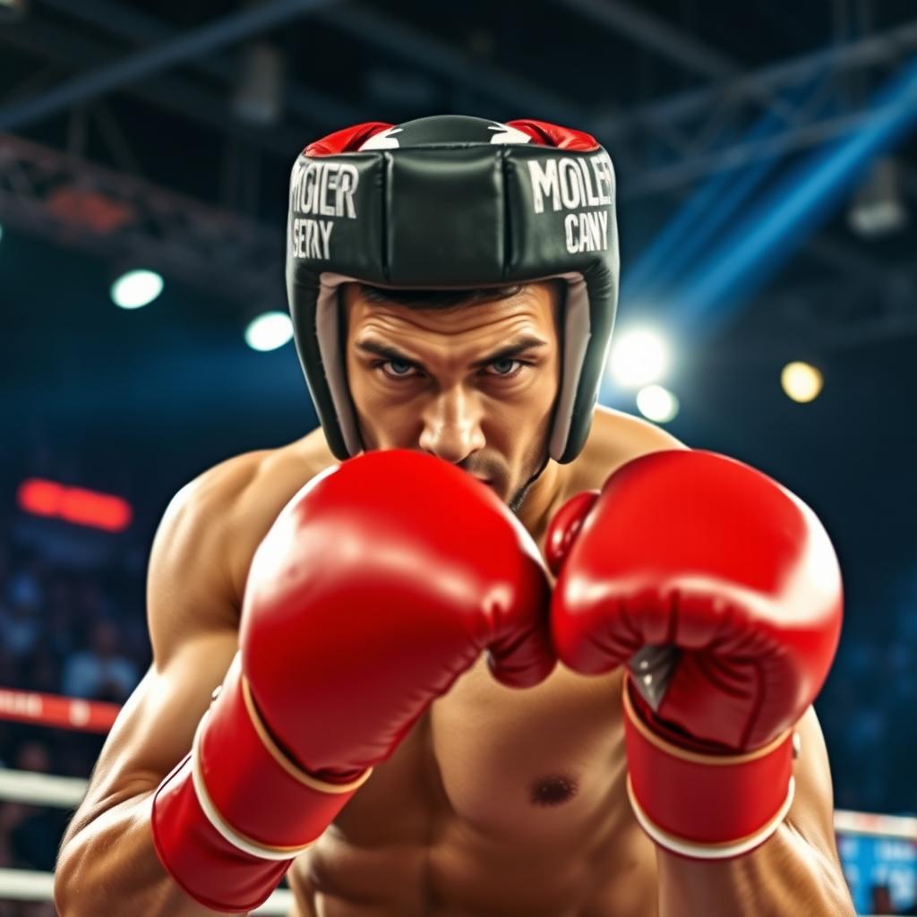 A powerful boxer in an intense boxing stance, wearing red and black boxing gloves and protective headgear