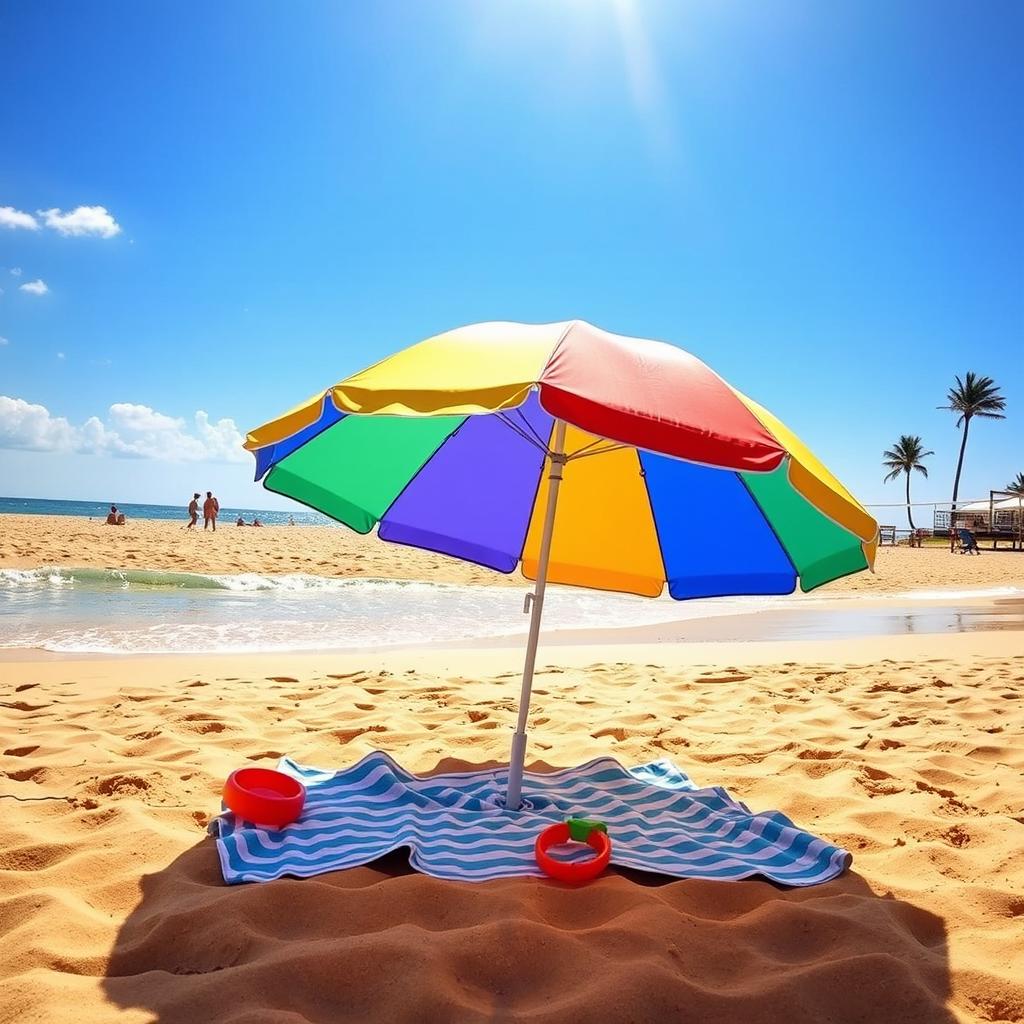 A vibrant and engaging photo of a sunny beach with bright blue skies, gentle waves lapping at the shoreline, and soft golden sand
