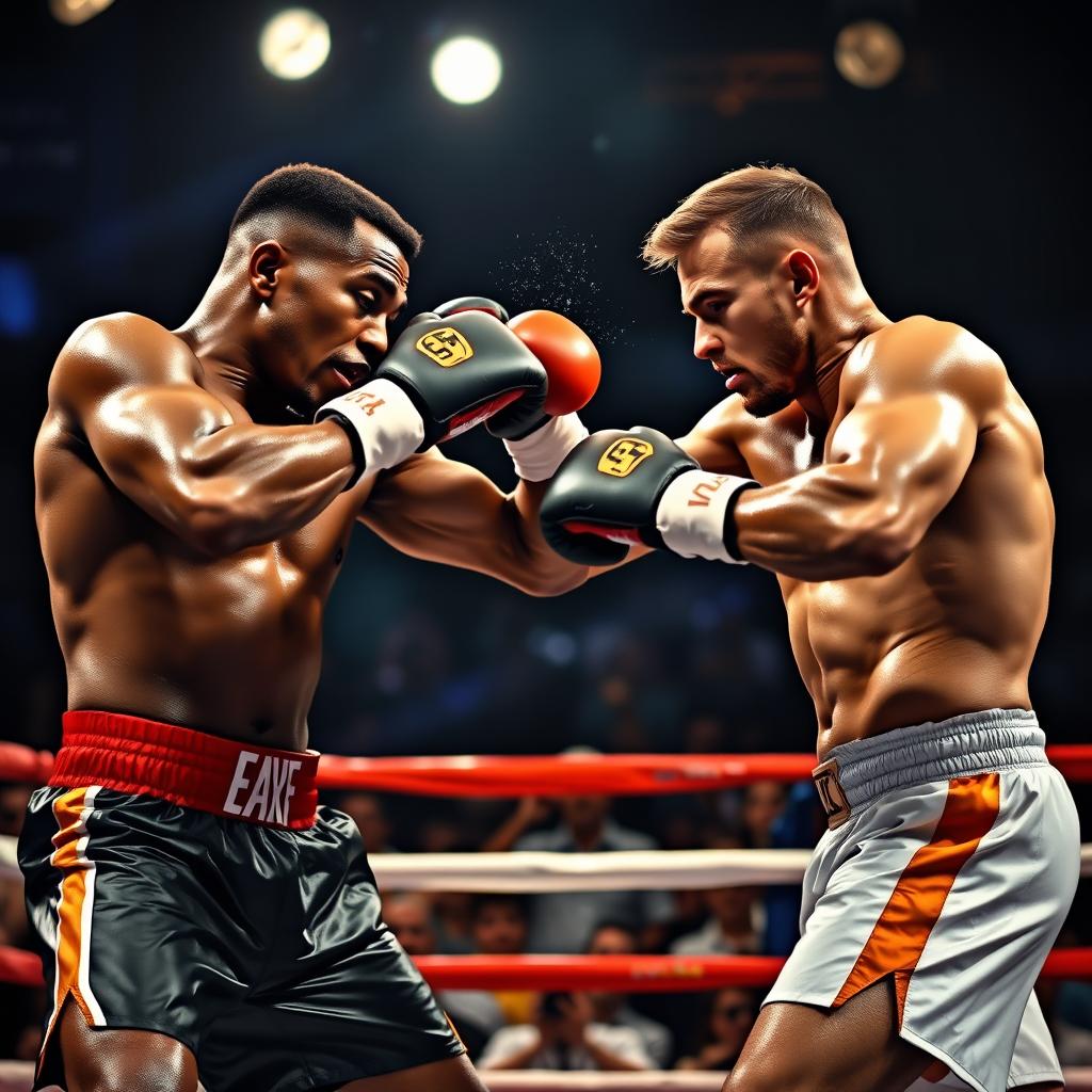 A powerful boxing scene featuring two muscular boxers in a standard boxing ring setting