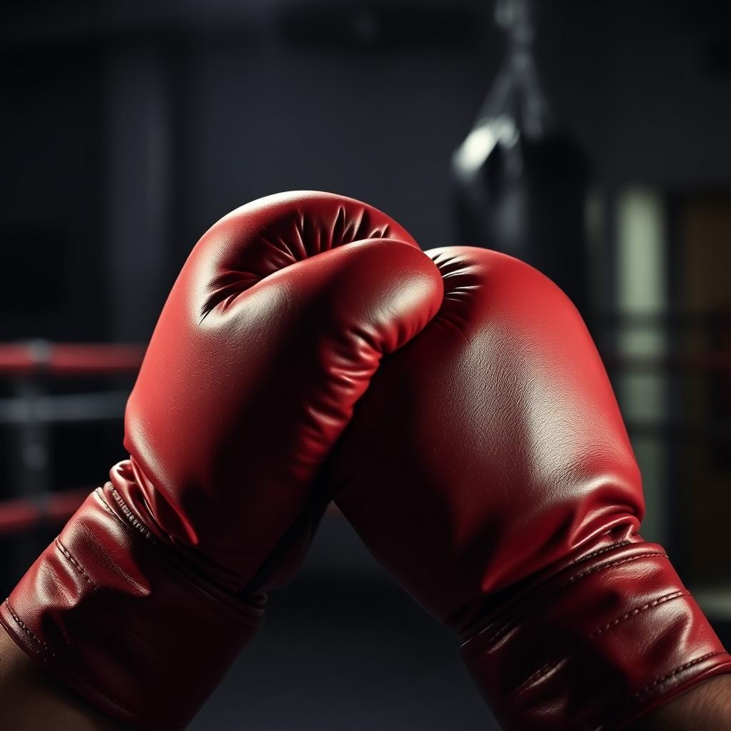 A close-up of a pair of boxing gloves tightly held together, showcasing intricate details such as the stitching and texture of the leather