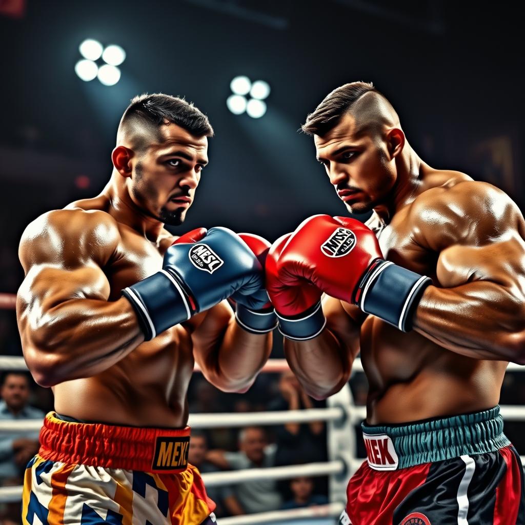 Two muscular boxers in an intense boxing ring, both wearing colorful boxing shorts and gloves, demonstrating focused expressions and ready stances