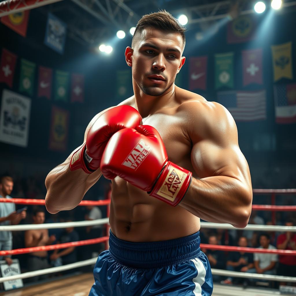 A powerful boxer in the ring, showcasing intense focus and determination