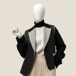 A captivating representation of textured contrast in soft tones featuring a faceless model adorned in a monochrome outfit that artfully blends structured and soft textures