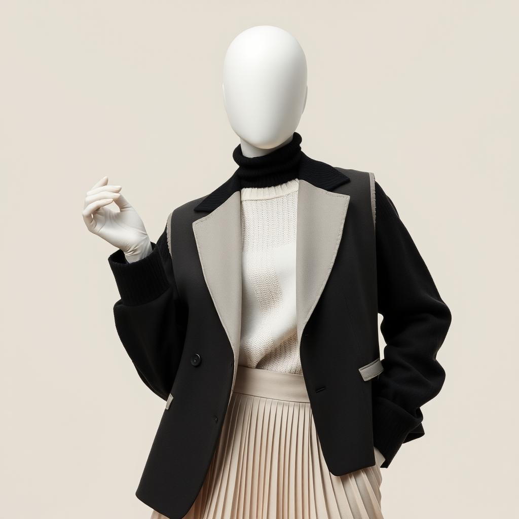 A captivating representation of textured contrast in soft tones featuring a faceless model adorned in a monochrome outfit that artfully blends structured and soft textures