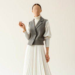 A captivating representation of textured contrast in soft tones featuring a faceless model adorned in a monochrome outfit that artfully blends structured and soft textures