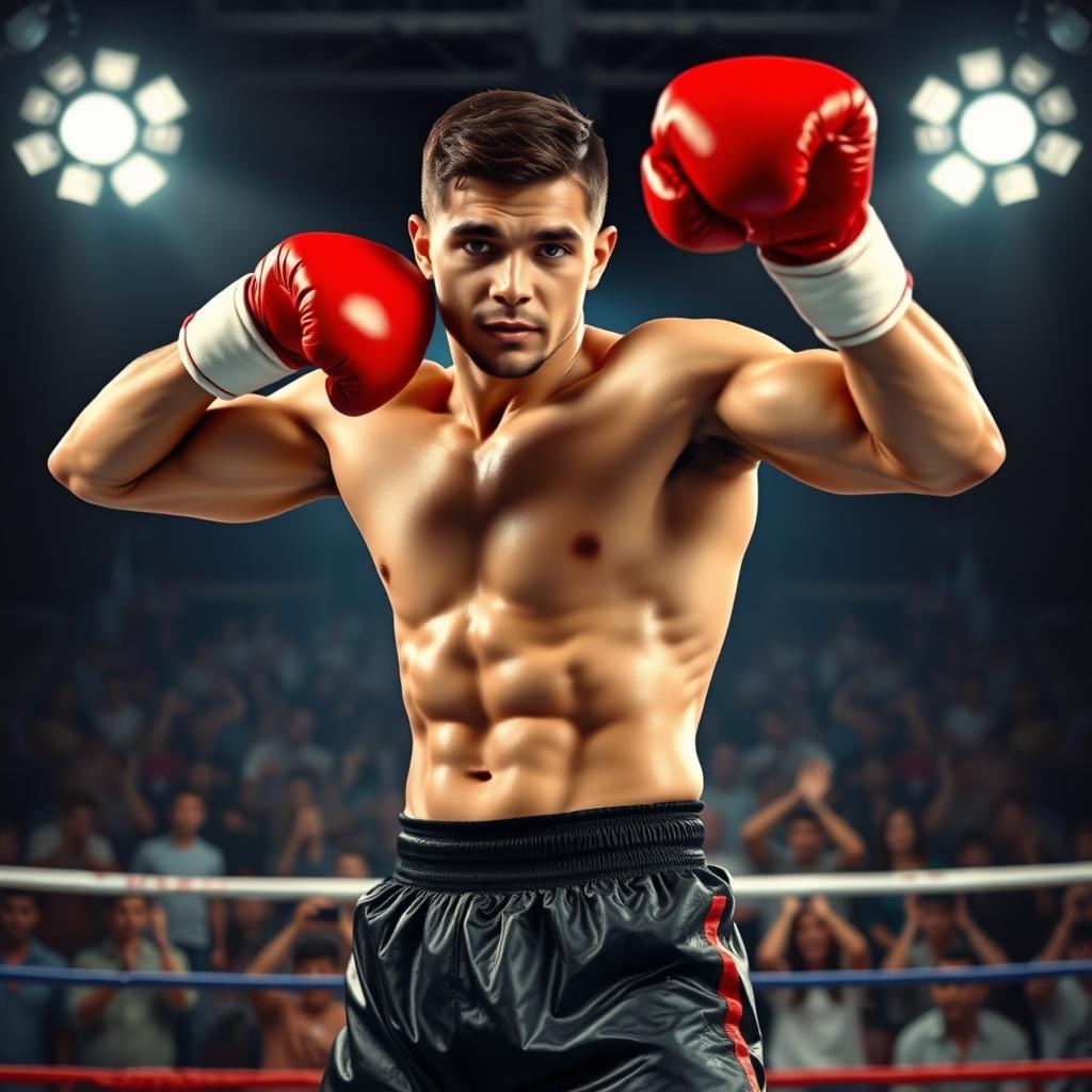A powerful male boxer standing in a fighting pose, showing off his muscular physique, wearing red boxing gloves and black shorts