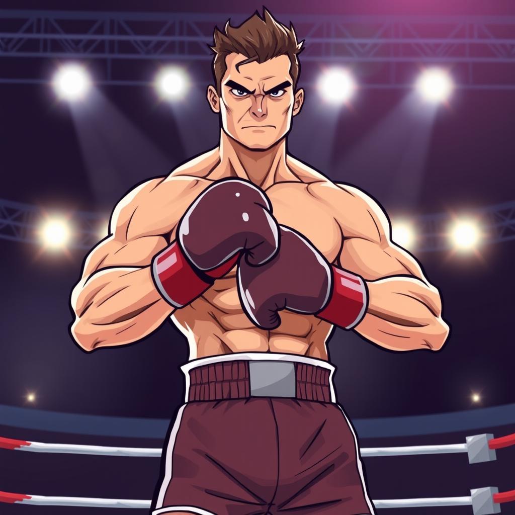 A stylized illustration of a male boxer in a dynamic pose, showcasing a well-defined athletic physique