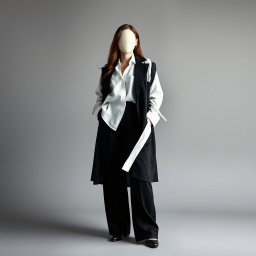 A stunning depiction of elegant plus-sized monochrome layers featuring a faceless plus-sized model adorned in a flowing, oversized white blouse elegantly tucked into high-waisted black wide-leg trousers