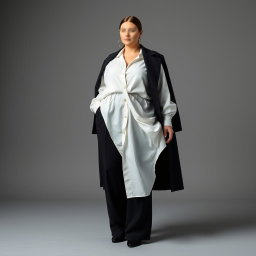 A stunning depiction of elegant plus-sized monochrome layers featuring a faceless plus-sized model adorned in a flowing, oversized white blouse elegantly tucked into high-waisted black wide-leg trousers