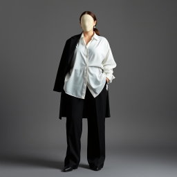 A stunning depiction of elegant plus-sized monochrome layers featuring a faceless plus-sized model adorned in a flowing, oversized white blouse elegantly tucked into high-waisted black wide-leg trousers