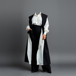 A stunning depiction of elegant plus-sized monochrome layers featuring a faceless plus-sized model adorned in a flowing, oversized white blouse elegantly tucked into high-waisted black wide-leg trousers