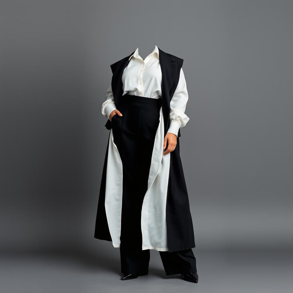 A stunning depiction of elegant plus-sized monochrome layers featuring a faceless plus-sized model adorned in a flowing, oversized white blouse elegantly tucked into high-waisted black wide-leg trousers