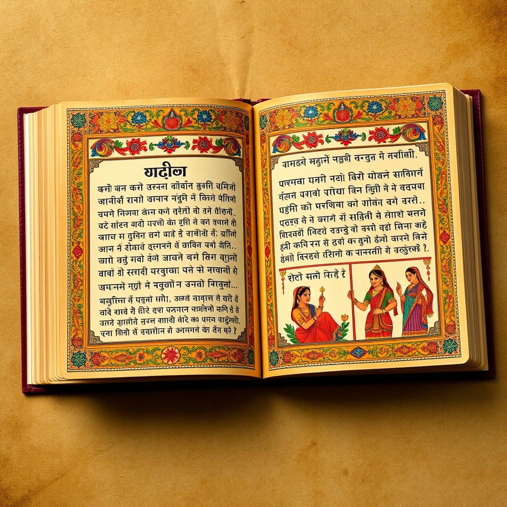 An Indian traditional book page showcasing intricate hand-painted designs with vibrant colors