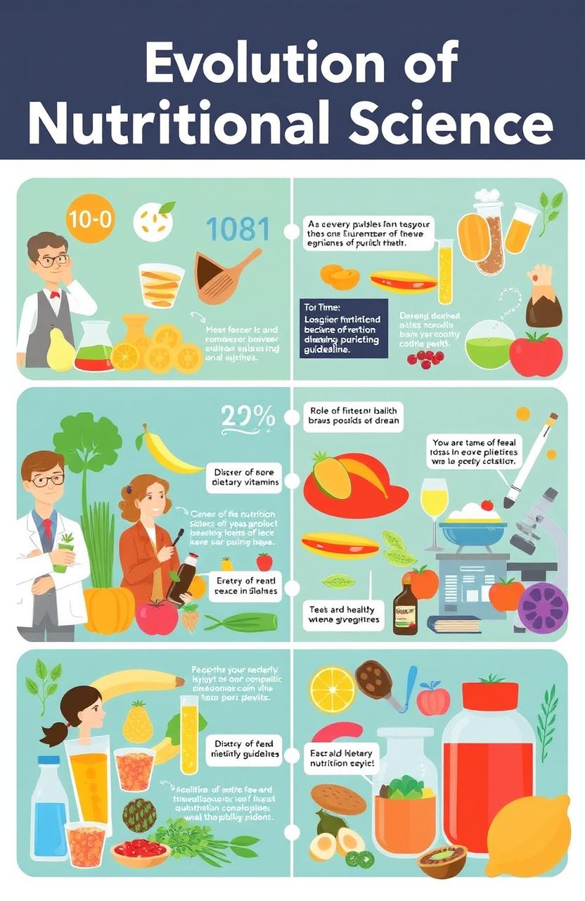 An educational illustration depicting the evolution of nutritional science over time