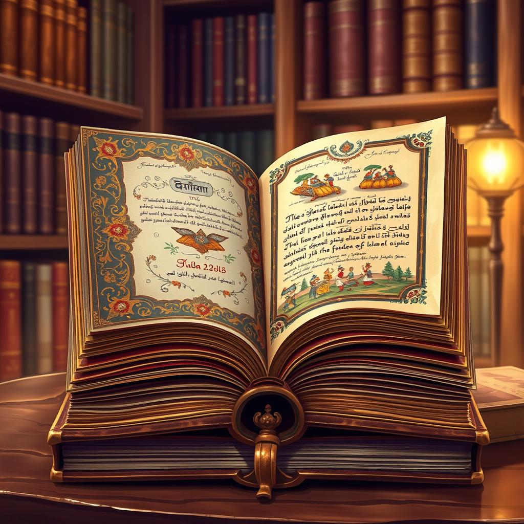 A beautifully detailed illustration of a vintage Indian book, showcasing ornate traditional cover designs with intricate floral patterns and gold leaf accents