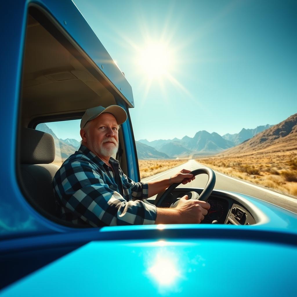 A person driving a large truck on a scenic highway
