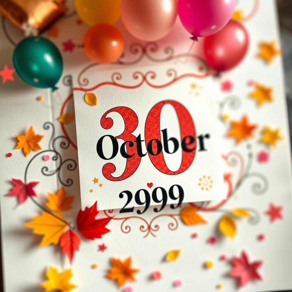 An artistic representation of a calendar page emphasizing the date '30th October 1999', with vibrant colors, intricate designs surrounding the date, and a whimsical layout that evokes the feeling of a celebration or special occasion