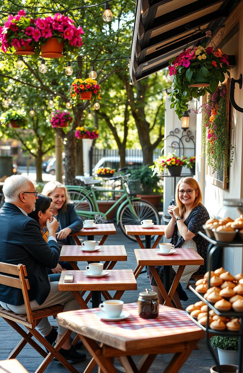 A cozy outdoor cafe setting, adorned with charming fairy lights and colorful flower pots, featuring small wooden tables with checkered tablecloths, where people are seated enjoying coffee and pastries