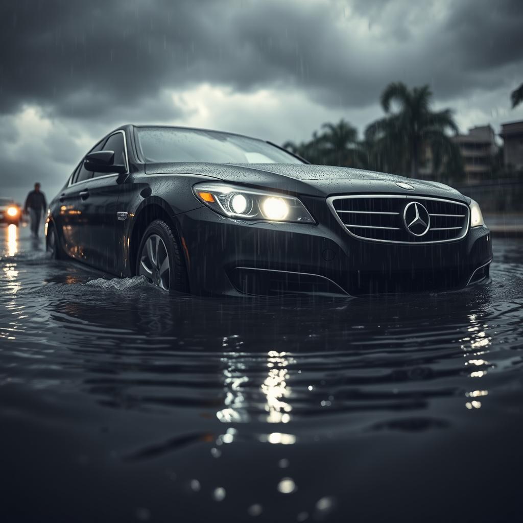 A dramatic scene depicting a car half-submerged in water during a heavy rainstorm
