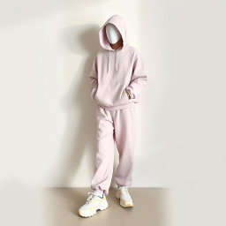 A stylish representation of minimalist pastel streetwear featuring a faceless teenage model dressed in an oversized pastel hoodie, wide-leg sweatpants, and chunky sneakers