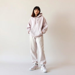 A stylish representation of minimalist pastel streetwear featuring a faceless teenage model dressed in an oversized pastel hoodie, wide-leg sweatpants, and chunky sneakers