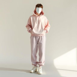 A stylish representation of minimalist pastel streetwear featuring a faceless teenage model dressed in an oversized pastel hoodie, wide-leg sweatpants, and chunky sneakers