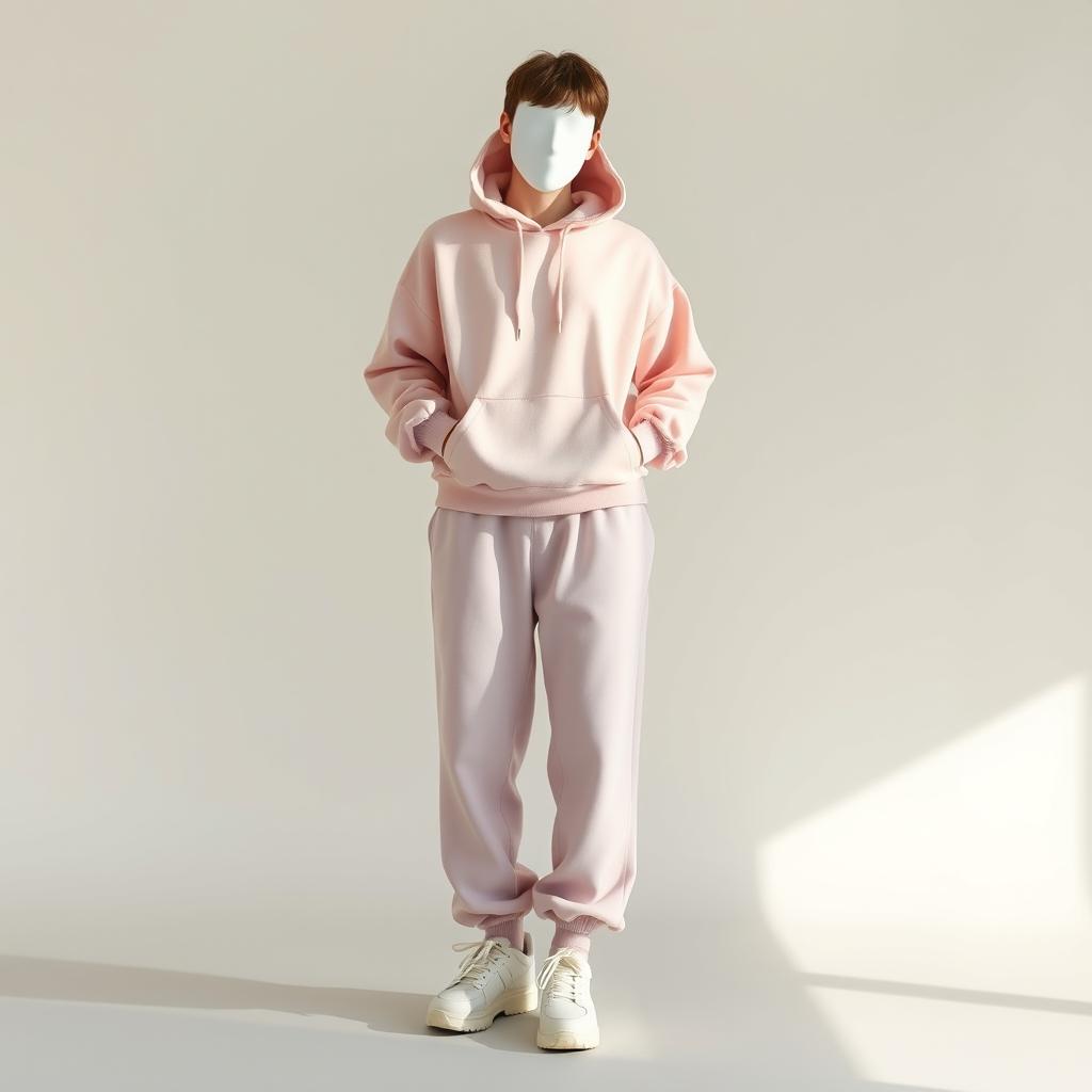 A stylish representation of minimalist pastel streetwear featuring a faceless teenage model dressed in an oversized pastel hoodie, wide-leg sweatpants, and chunky sneakers