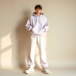 A stylish representation of minimalist pastel streetwear featuring a faceless teenage model dressed in an oversized pastel hoodie, wide-leg sweatpants, and chunky sneakers