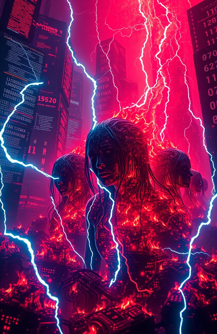A powerful and dark representation of AI symbolizing 'Hell', featuring a chaotic and intense digital landscape filled with glowing red and black AI circuitry intertwined with flames